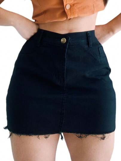 Saia Jeans Feminina Cintura Alta Barra Desfiada