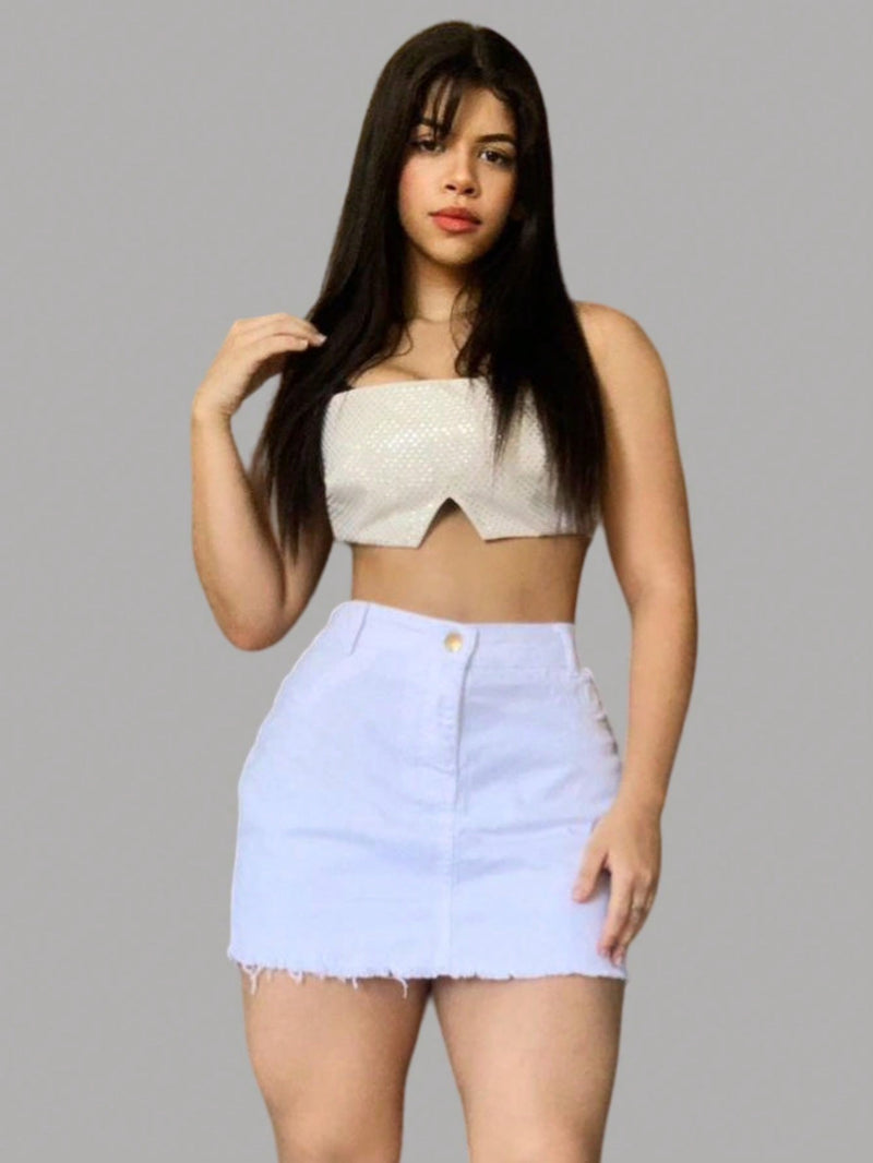 Saia Jeans Feminina Cintura Alta Barra Desfiada