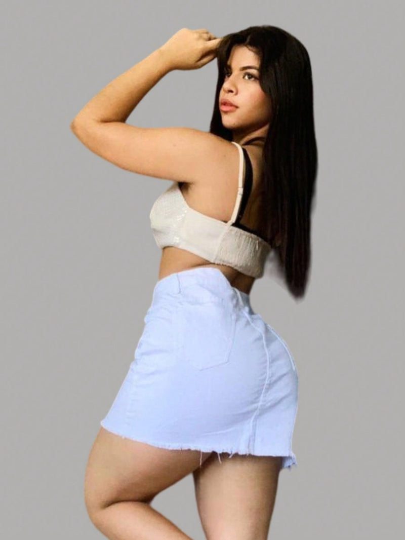 Saia Jeans Feminina Cintura Alta Barra Desfiada