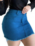 Saia Jeans Feminina Cintura Alta Barra Desfiada