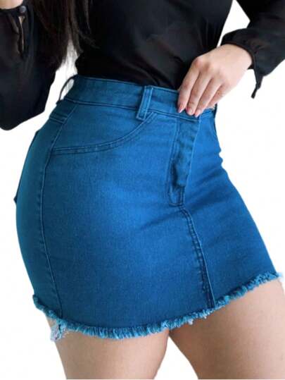 Saia Jeans Feminina Cintura Alta Barra Desfiada