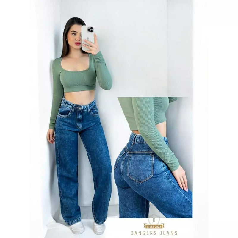 Calça Jeans Feminina Wide Leg Marmorizada Cintura Alta Sem Lycra