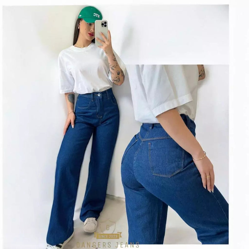 Calça Jeans Feminina Wide Leg Marmorizada Cintura Alta Sem Lycra