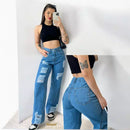 Calça Jeans Feminina Wide Leg Marmorizada Cintura Alta Sem Lycra