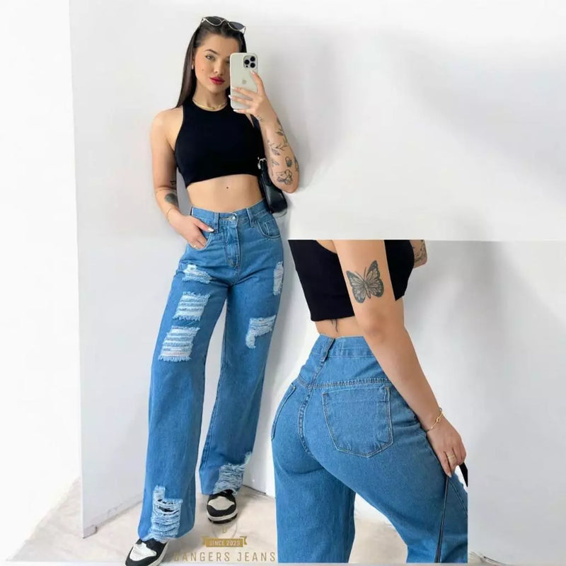 Calça Jeans Feminina Wide Leg Marmorizada Cintura Alta Sem Lycra