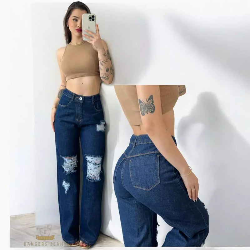 Calça Jeans Feminina Wide Leg Marmorizada Cintura Alta Sem Lycra