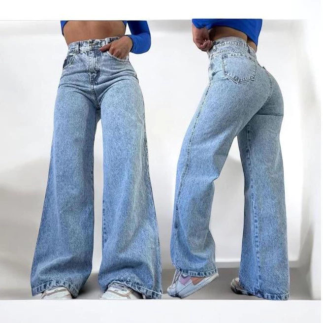 Calça Jeans Feminina Wide Leg Marmorizada Cintura Alta Sem Lycra
